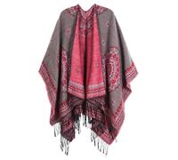 DiaryLook Ladies Printed Poncho Cape Reversible Oversized Shawl Wrap Open Front Cardigans for Women Grey/Red