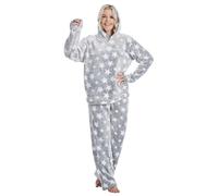 DiaryLook Womens Fleece Pyjamas Hooded Pyjamas For Women Fluffy Cosy (Shimmer Light Grey Stars XL)