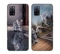 DiaryTown 2 Pack Case for OPPO A55 5G / OPPO A54 4G Liquid Silicone Case with Animal Pattern Shockproof Protective Case Ultrathin TPU Bumper Black Cover for OPPO A55 5G - Cat & Tiger