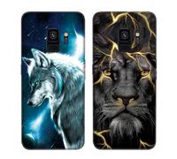 DiaryTown 2 Pack for Samsung Galaxy S9 Case, Cute Animal Pattern Ultra Slim Soft TPU Silicone Anti scratch Shockproof Thin Gel Bumper Black Protective Phone Case - Wolf & Golden Lion