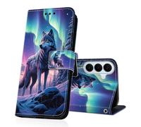 DiaryTown Leather Case for Samsung Galaxy S26 Wallet Flip Case Cute Design Pattern with Credit Card RFID Blocking Magnetic Shockproof Protective Case Cover - Aurora Wolf