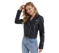 DIASHINY Black Faux Leather Jacket For Women With Belt PU Cropped Moto Biker Coat Motorcycle Crop Short Jacket 036 M