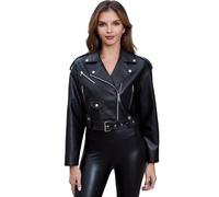 DIASHINY Faux Leather Jacket For Women Cropped Loose PU Leather Moto Biker Coat Motorcycle Jackets, 127 Black, X-Large