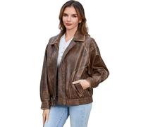 DIASHINY Faux Leather Jacket For Women Moto Biker Zip Up Motorcycle Loose Outwear Brown M