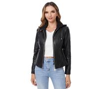DIASHINY Faux Leather Jacket For Women Removable Hooded Moto Biker Coat Black Medium