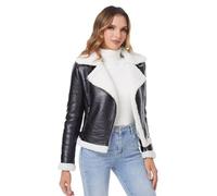 DIASHINY Women's Faux Shearing Fur Winter Coat Warm Thick Fur Lined Faux Leather Jacket, 039 Black-white, L