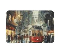 Diatomaceous Earth Bath Mat - Super Absorbent Quick Dry Door Mats Non-Slip Bathroom Rug Red Tram in The Rain Floor Mat for Bath, Shower, Sink, Kitchen, Easy to Clean 40x60cm
