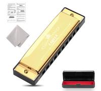 Diatonic Blues Harmonica 10 Holes in C Key with Protective Case - Standard Gift for Adults, Professionals, Beginners and Students (Gold)