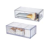 DIBALIYI 2PCS Square Qtip Holder Dispenser, Clear Cotton Ball Holder With Compartments, Stackable Cotton Pad Container, Cosmetic Organizer for Bathroom Canisters Vanity Makeup
