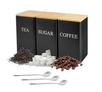 DIBALIYI 3 PCS Tea Coffee Sugar Canisters, Metal Canister Storage Jar Container Set, Food Storage With 3 Spoons, Rust Resistant Powder Coated Iron Caddies for Kitchen Organiser Worktop (Black)