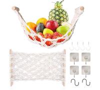 DIBALIYI Hanging Fruit Hammock Set, Cotton Handmade Woven Mesh Fruit Holder with 4 Pcs Self-Adhesive Hooks and 2 Pcs S Hooks, Space-Saving Vegetable Storage Basket under Cabinet for Kitchen Home RVs