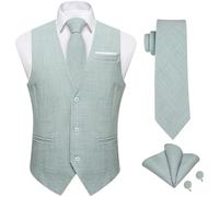 DiBanGu 4PCS Mens Suit Vest Linen Solid Color Vest for Men Wedding Casual Waistcoat Necktie Pocket Square Cufflinks S-3XL, Light Green, 3XL