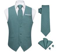 DiBanGu 4PCS Mens Suit Vest Linen Solid Color Vest for Men Wedding Casual Waistcoat Necktie Pocket Square Cufflinks S-3XL, Teal, Large
