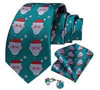 DiBanGu Christmas Blue Ties for Men Fun Santa Claus Necktie and Pocket Square Set with Cufflinks Xmas Party Formal Festival Gifts