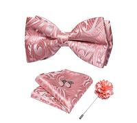 DiBanGu Dark Pink Bow Ties for Men Silk Paisley Bow Tie and Pocket Square Set with Lapel Pin Cufflinks Adjustable Wedding