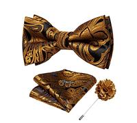 DiBanGu Gold Orange Silk Bow Ties for Men Paisley Bowtie Set with Pocket Square Lapel Pin Cufflinks Adjustable Bowtie Wedding