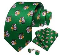 DiBanGu Men Green Christmas Ties Silk Snowman Necktie and Pocket Square Set with Cufflinks Xmas Party Formal Festival Gifts