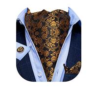 DiBanGu Men's Black Gold Self Ascot Tie Floral Jacquard Scarf Cravat Tie and Pocket Square Cufflinks Set Business Formal