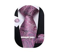 DiBanGu Men's Christmas Pink Tie Silk Paisley Necktie Pocket Square Cufflink Tie Clip Set Wedding Party