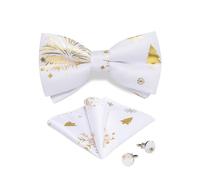 DiBanGu Mens Christmas Pre-tied Bowtie Festive Pattern Bowtie Pocket Square Cufflinks Set Xmas Holiday Bow tie with Gift Box, White and Gold