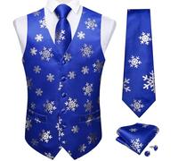 DiBanGu Mens Christmas Suit Vest and Tie Set Fun Snowflake Holiday Party Waistcoat Necktie Pocket Square Cufflinks S-3XL, Blue and Silver Snowflake, X-Large