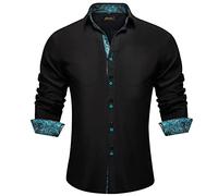 DiBanGu Men's Dress Shirt Long Sleeve Casual Button Down Shirts Regular Fit Inner Contrast Shirt for Business Party, Black and Turquoise, Large