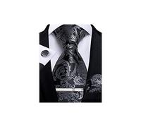 DiBanGu Men's Necktie Handkerchief Silk Paisley Floral Tie Pocket Square Cufflink Set (Grey Black)