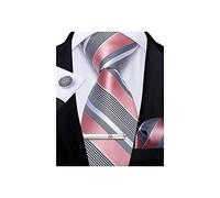 DiBanGu Men's Necktie Plain Silk Woven Striped Plaids Tie Handkerchief Cufflink Tie Clip Set Formal Business Wedding (Pink Grey)