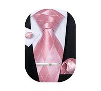 DiBanGu Men's Necktie Plain Silk Woven Striped Plaids Tie Handkerchief Cufflink Tie Clip Set Formal Business Wedding (Pink)