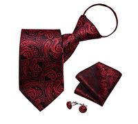 DiBanGu Men's Paisley Black Red Necktie Regular Adjustable Pre-Tied Tie and Pocket Square Cufflinks for Wedding Business