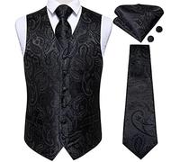 DiBanGu Mens Paisley Waistcoat Jacquard Silk Formal Suit Vest Tie Set with Pocket Square for Tuxedo Wedding Party,Black,Large