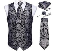 DiBanGu Mens Paisley Waistcoat Jacquard Silk Formal Suit Vest Tie Set with Pocket Square Lapel Pin for Tuxedo Wedding Party,Black Silver,X-Large