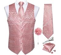 DiBanGu Mens Paisley Waistcoat Jacquard Silk Formal Suit Vest Tie Set with Pocket Square Lapel Pin for Tuxedo Wedding Party,Blush Pink,Large