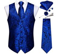 DiBanGu Mens Paisley Waistcoat Jacquard Silk Formal Suit Vest Tie Set with Pocket Square Lapel Pin for Tuxedo Wedding Party,Royal Blue,3X-Large