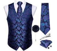 DiBanGu Mens Paisley Waistcoat Jacquard Silk Formal Suit Vest Tie Set with Pocket Square Lapel Pin for Tuxedo Wedding Party,Purple and Blue,XX-Large