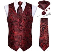 DiBanGu Mens Paisley Waistcoat Jacquard Silk Formal Suit Vest Tie Set with Pocket Square Lapel Pin for Tuxedo Wedding Party,Black Red,X-Large