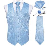DiBanGu Mens Paisley Waistcoat Jacquard Silk Formal Suit Vest Tie Set with Pocket Square Lapel Pin for Tuxedo Wedding Party,Light Blue,3X-Large