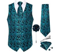 DiBanGu Mens Paisley Waistcoat Jacquard Silk Formal Suit Vest Tie Set with Pocket Square Lapel Pin for Tuxedo Wedding Party,Teal,X-Large