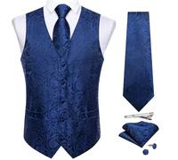 DiBanGu Mens Paisley Waistcoat Jacquard Silk Formal Suit Vest Tie Set with Pocket Square Tie Clip for Tuxedo Wedding Party,Navy Blue,Large