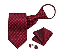DiBanGu Men's Plaid Black Red Necktie Regular Adjustable Pre-Tied Tie and Pocket Square Cufflinks for Wedding Business