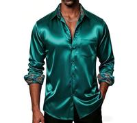 DiBanGu Mens Satin Dress Shirt Luxury Long Sleeve Button Up Shirts Regular Paisley Cuffs Shiny Contrast Shirt for Men Party，Teal，XXL
