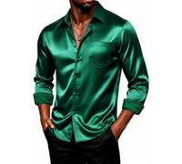 DiBanGu Mens Satin Dress Shirt Luxury Long Sleeve Button Up Shirts Regular Paisley Cuffs Shiny Contrast Shirt for Men Party，Emerald Green，XXL