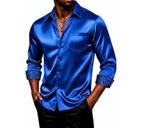 DiBanGu Mens Satin Dress Shirt Shiny Long Sleeve Button Down Smart Shirts | Luxury texture,Inner Contrast,Paisley Cuffs/Collar,Wrinkle Free,Regular Fit,Untucked,Smart Casual,Party NightClub Carnival