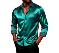 DiBanGu Mens Satin Dress Shirt Shiny Long Sleeve Button Down Smart Shirts | Luxury texture,Inner Contrast,Paisley Cuffs/Collar,Wrinkle Free,Regular Fit,Untucked,Smart Casual,Party NightClub Carnival