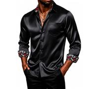 DiBanGu Mens Satin Dress Shirt Shiny Long Sleeve Button Down Smart Shirts | Luxury texture,Inner Contrast,Paisley Cuffs/Collar,Wrinkle Free,Regular Fit,Untucked,Smart Casual,Party NightClub Carnival
