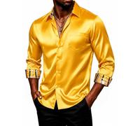 DiBanGu Mens Satin Dress Shirt Shiny Long Sleeve Button Down Smart Shirts | Luxury texture,Inner Contrast,Paisley Cuffs/Collar,Wrinkle Free,Regular Fit,Untucked,Smart Casual,Party NightClub Carnival