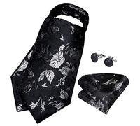 DiBanGu Mens Silk Ascot Tie and Handkerchief Cufflinks Set Black Silver Cravat for Wedding Party