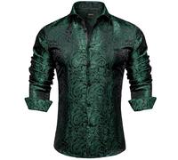 DiBanGu Mens Silk Paisley Dress Shirts,Long Sleeve Button Down Shirt Casual Regular Fit Shirt for Men Wedding Party, Emerald Green, X-Large