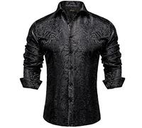 DiBanGu Mens Silk Paisley Dress Shirts,Long Sleeve Button Down Shirt Casual Regular Fit Shirt for Men Wedding Party, Black, Medium