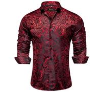 DiBanGu Mens Silk Paisley Dress Shirts,Long Sleeve Button Down Shirt Casual Regular Fit Shirt for Men Wedding Party, Burgundy, Large